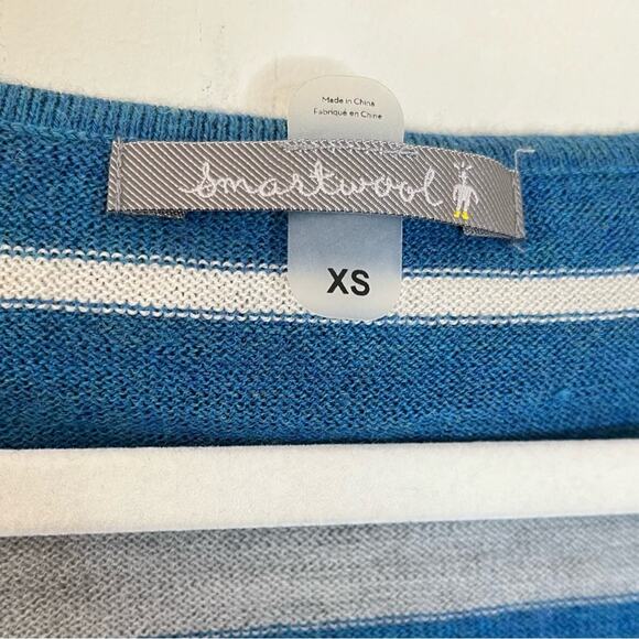 Smartwool Merino Wool Blend V-Neck Split Stripe Relaxed Sweater Blue White - Picture 5 of 8